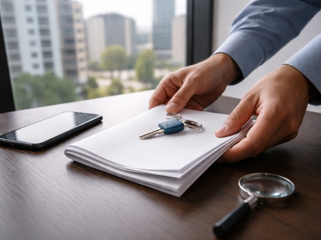 Hands review blank property documents with a key fob and smartphone, blurred city skyline behind.
