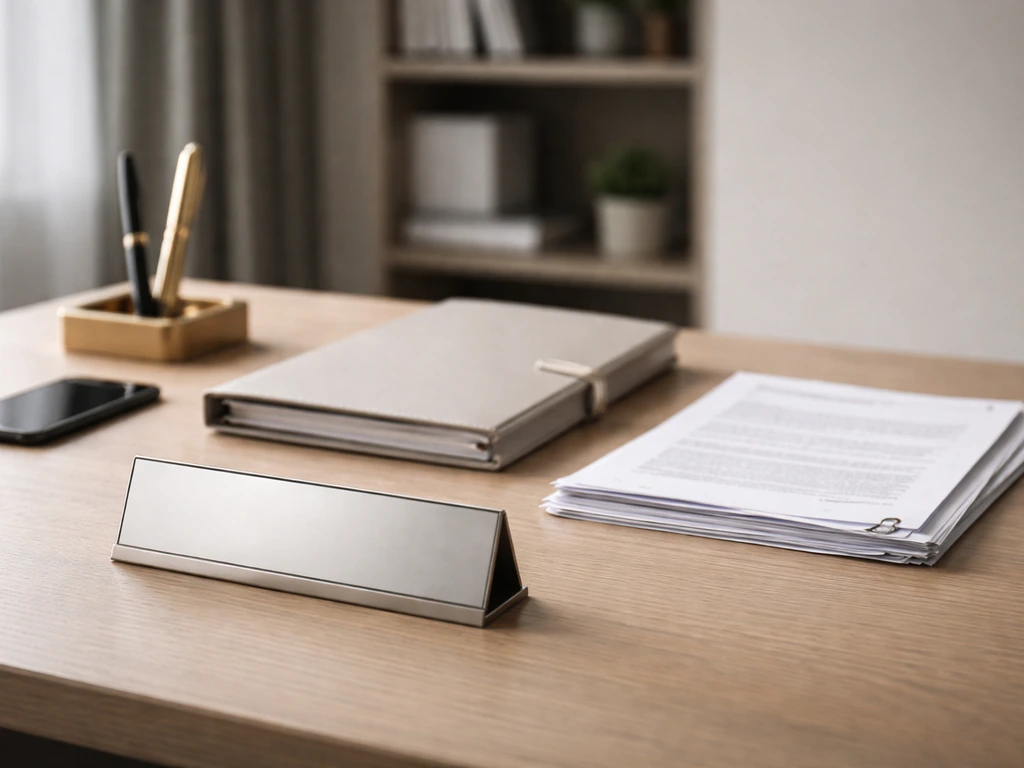 Minimal photo of a real estate office desk with printed company documents and a business binder