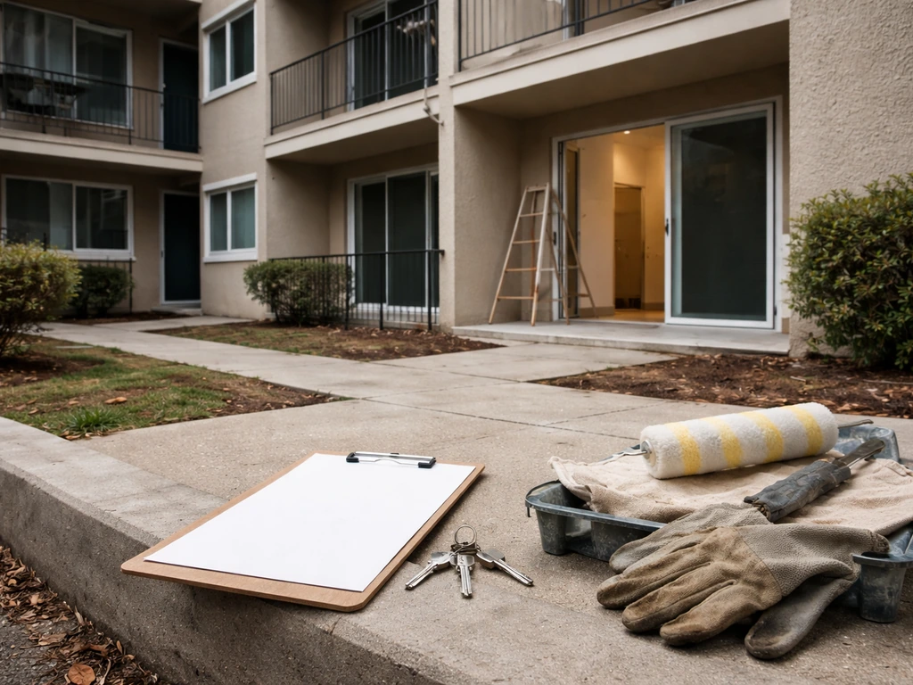 Denver-area multifamily apartment building exterior with renovation materials and a rental property management clipboard