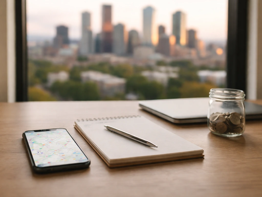 Minimal desk scene with coins and a phone showing an out-of-focus city map, suggesting Denver real estate research.