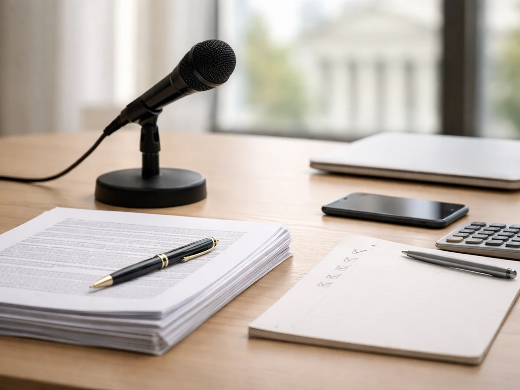 Attorney-style desk with documents and a muted hourly-rate calculator vibe in soft natural light.