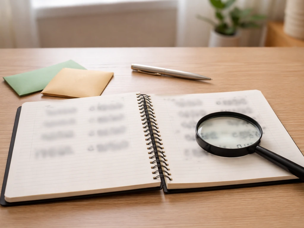 Minimal desk scene with two open notebooks and a magnifying glass implying differing, unverified numbers.