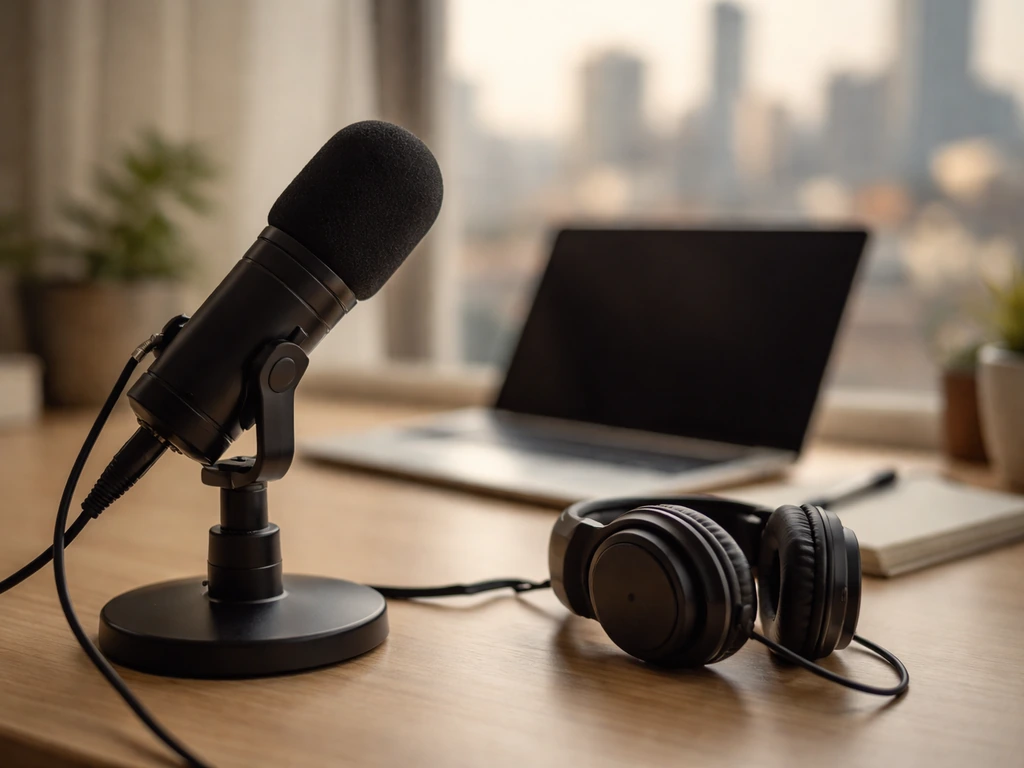 Minimal photo of a podcast-style desk with a microphone, representing a YouTuber’s media career and earnings focus.