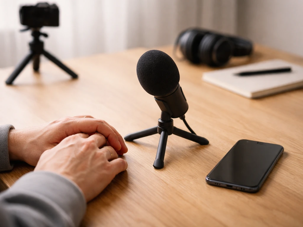Minimal photo-style scene of an anonymous creator at a desk with a microphone and phone, suggesting multiple income sour