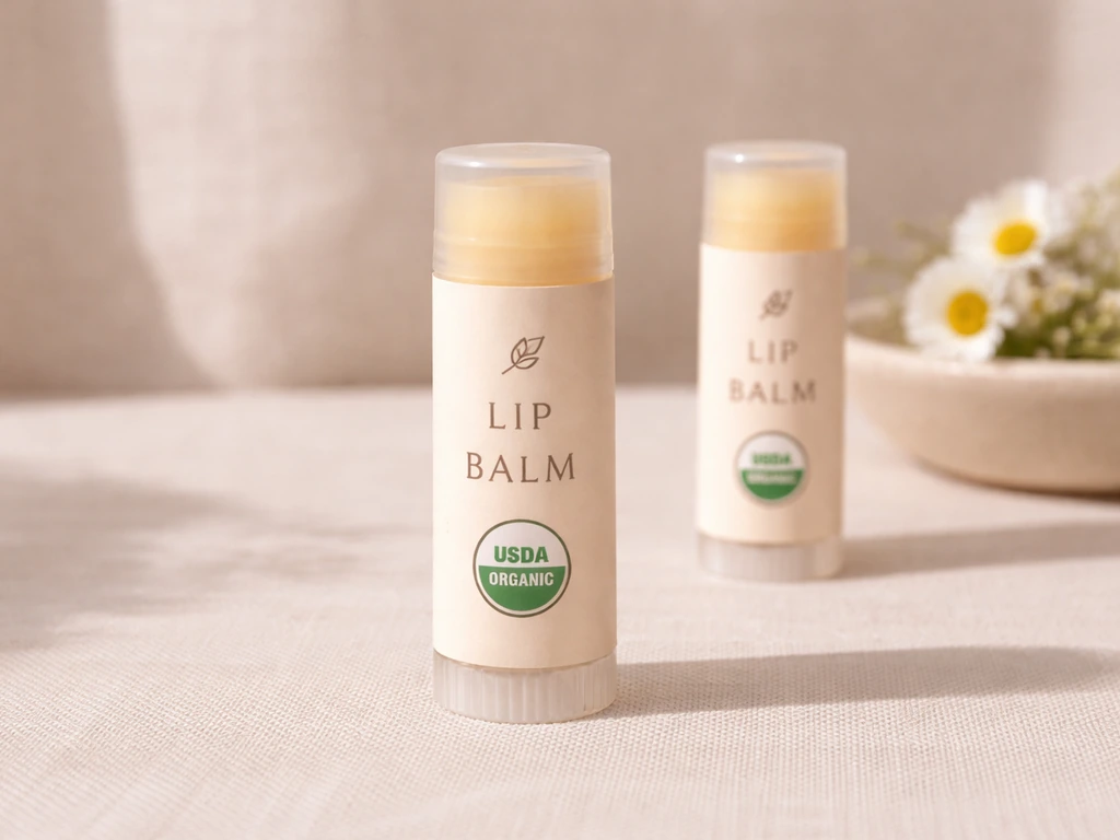Close-up of minimal lip balm tubes on a linen surface with clear branding and soft natural light.