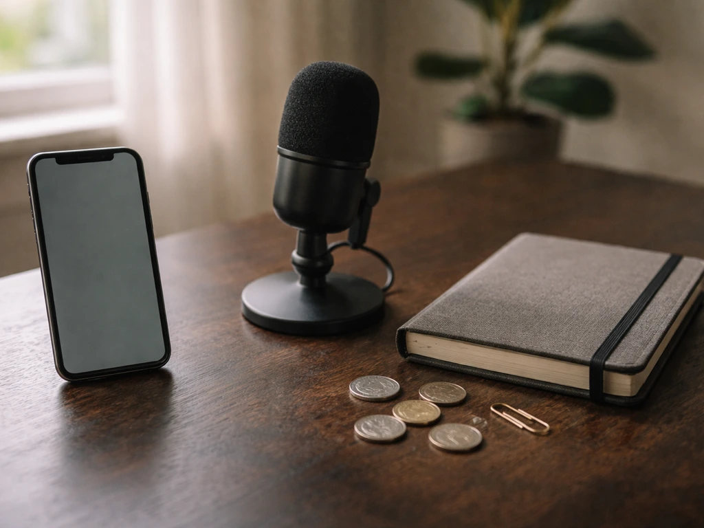 Minimal finance workspace with coins, coins and small microphone, symbolizing a net worth range.