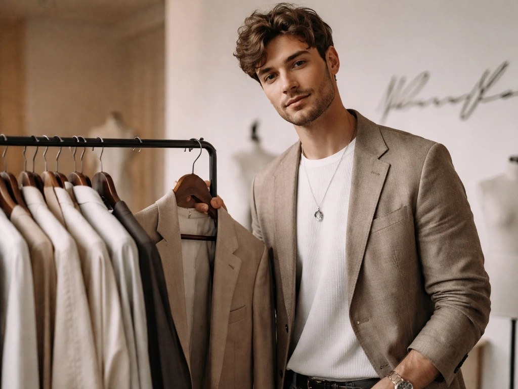 Fashion studio scene with a young man near clothing rack and dress forms, hinting at a designer brand connection.