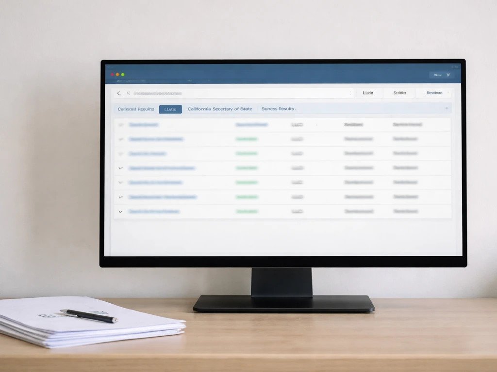 Blurred laptop screenshot of a California business search results page for a fictional LLC record.