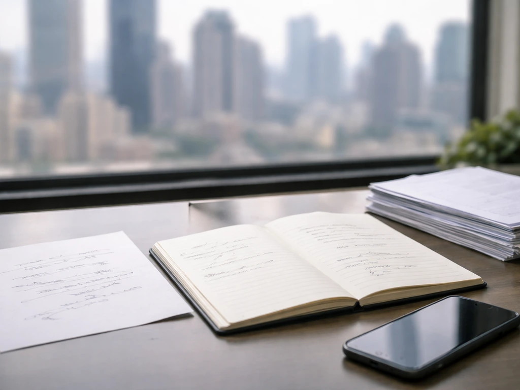 Minimal desk scene with documents and a notebook, suggesting financial analysis and low-confidence estimates.