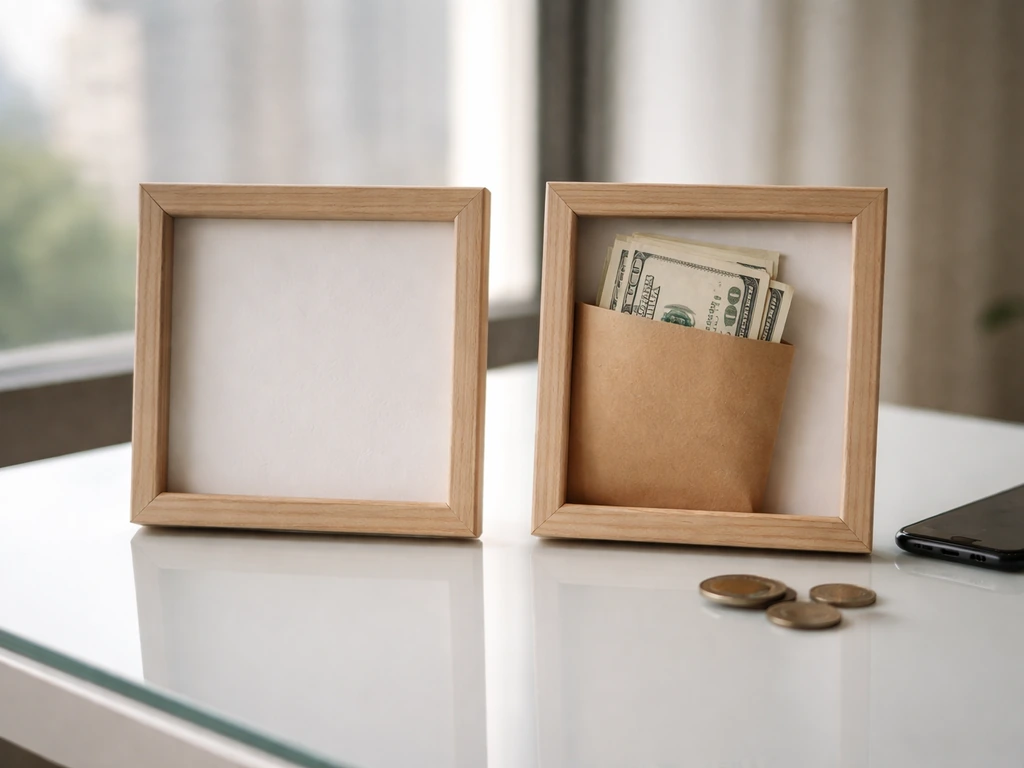 Minimal desk scene with two adjacent blank frames and a cash envelope beside coins, implying verified vs estimated.
