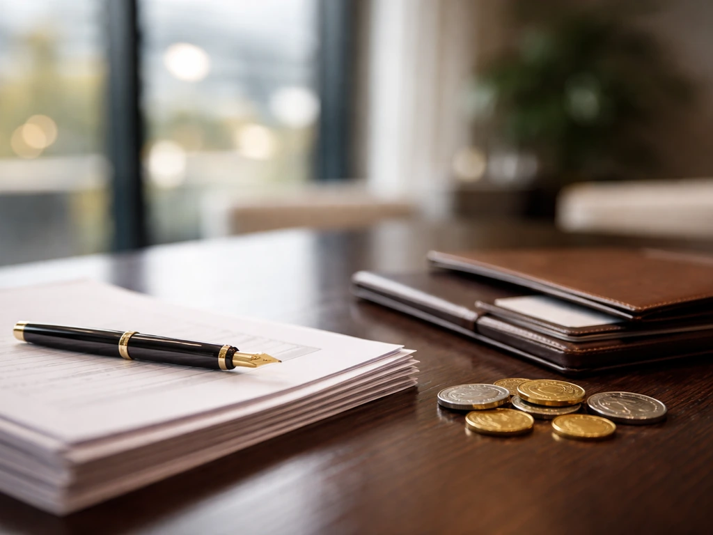 Minimal office desk with a luxury fountain pen, documents, and scattered coins symbolizing CEO income streams