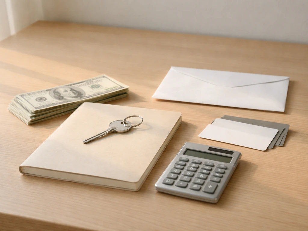 Minimal photo of a desk scene showing a calculator, cash, and a house key beside a closed ledger to suggest assets minus