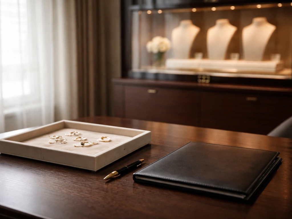 Luxury jewelry office scene with a softly lit display case and elegant desk items symbolizing wealth analysis