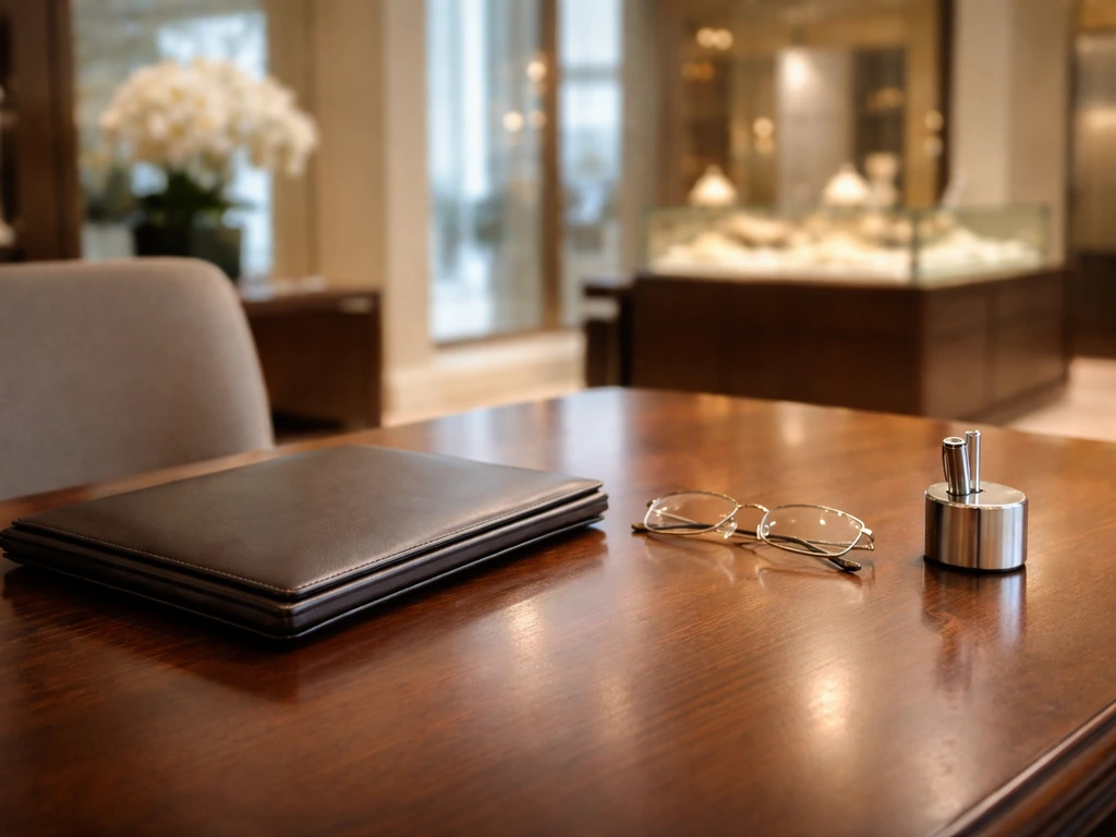 Luxury jewelry boutique office desk setup with warm light, suggesting a high-end executive lifestyle