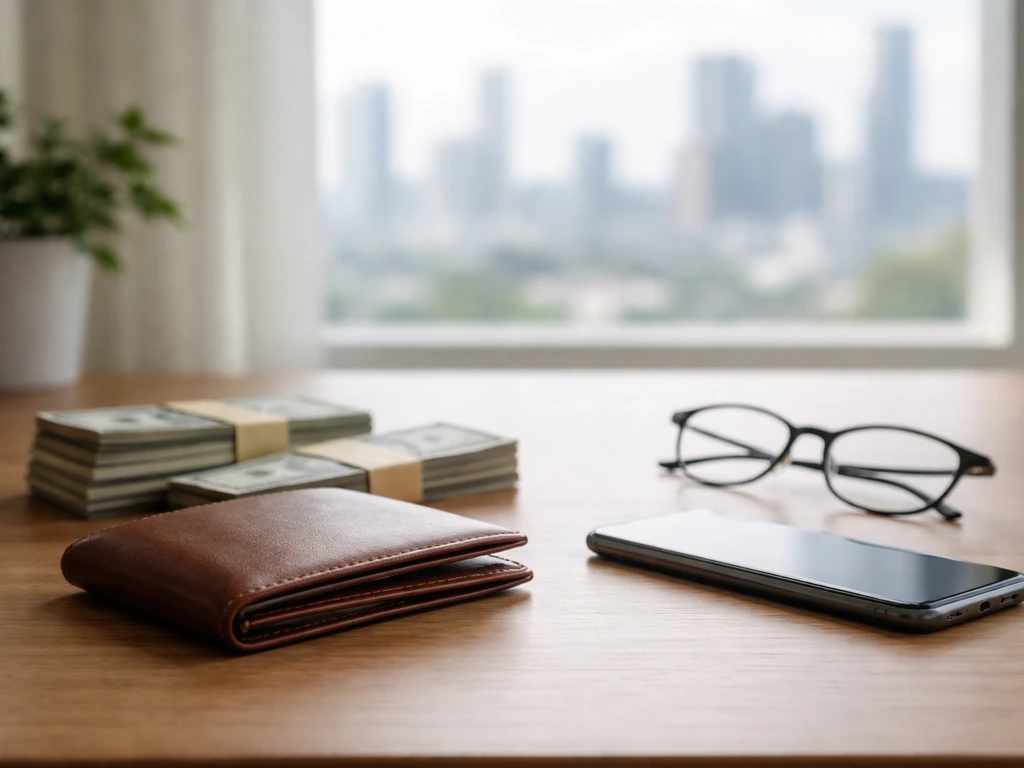 Minimal office desk scene with wallet and cash bundles, softly lit, symbolizing a net-worth estimate.