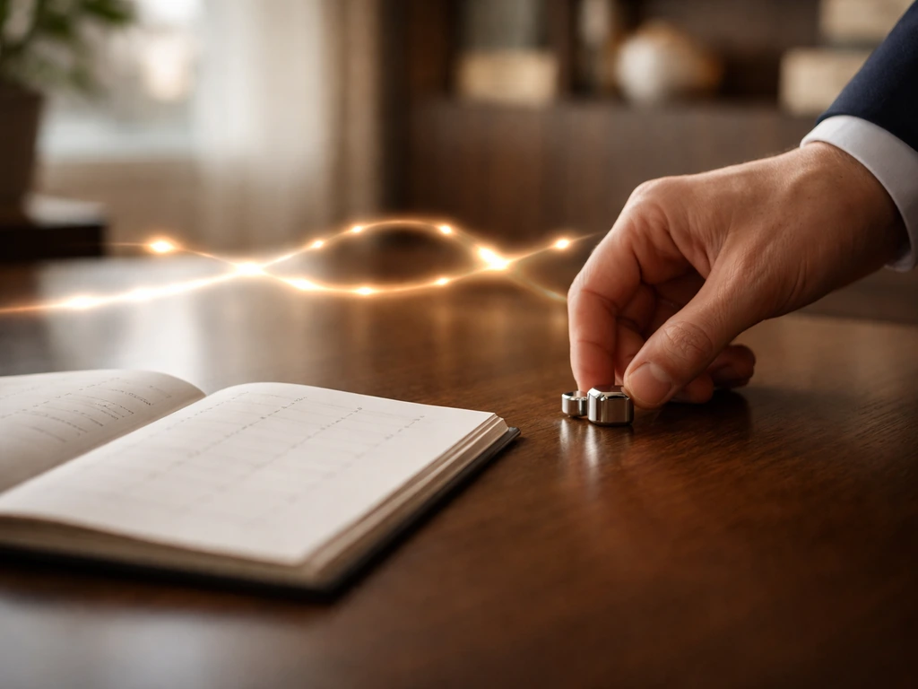 Close-up of a luxury office desk with a single cufflink, a calendar page, and a minimal timeline-style ribbon of light.