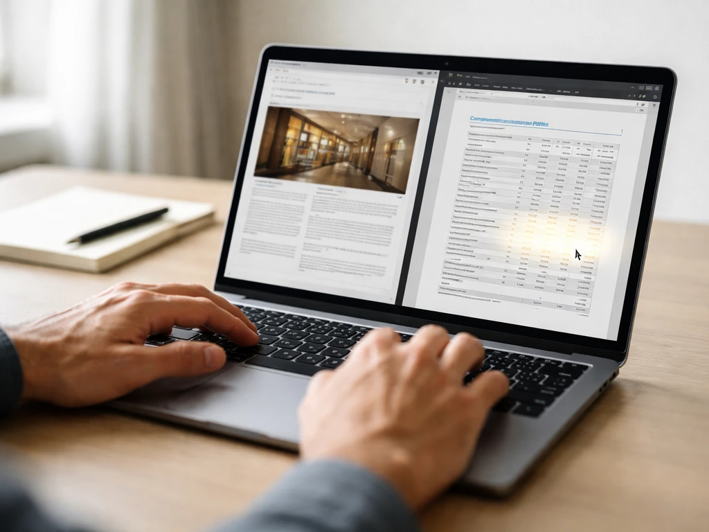 Person using laptop to review Richemont annual report PDFs, showing compensation and share ownership sections