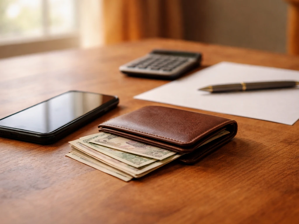 Minimal photo of a smartphone and wallet on a desk, symbolizing verifying net worth sources