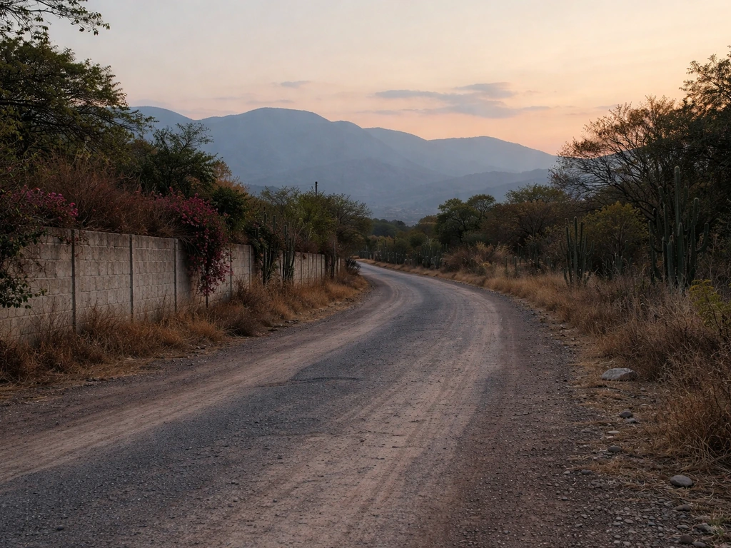 Quiet rural road in Michoacán, Mexico with distant mountains at dusk, evoking Tierra Caliente context.