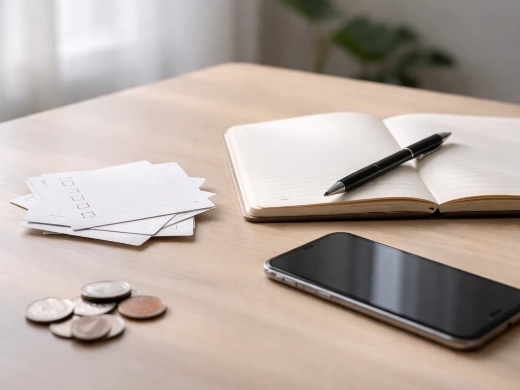 Minimal workspace with a notebook and phone beside coin-like objects, symbolizing net-worth estimation from public sourc