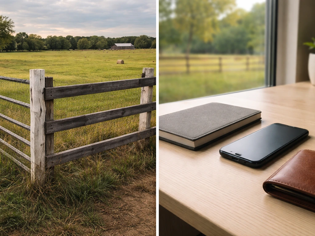 Minimal split scene of ranch pasture and a desk with wallet, suggesting agriculture income and asset holdings.