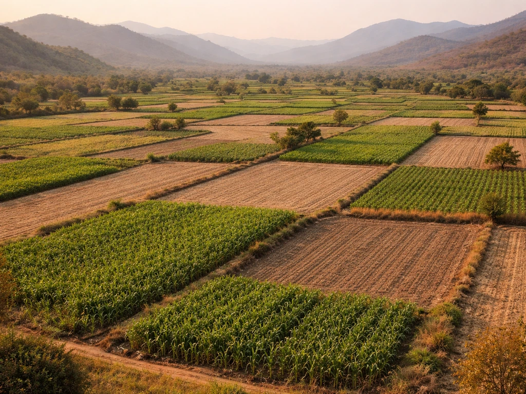 Aerial view of patchwork farmland and dirt roads in a rural, mountainous region at golden hour.