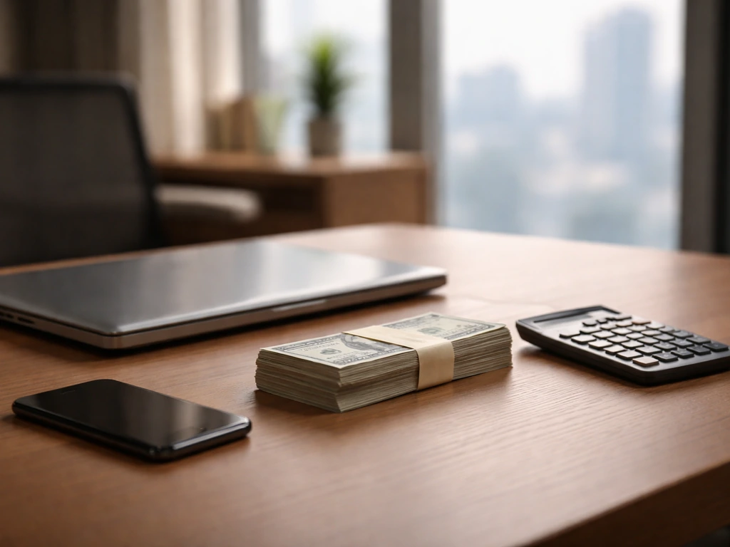 Minimal photo of a finance desk with a laptop and scattered cash, symbolizing a net worth estimate theme.