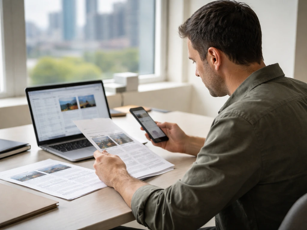 Man in a modern office compares real estate documents near a laptop and city skyline view.