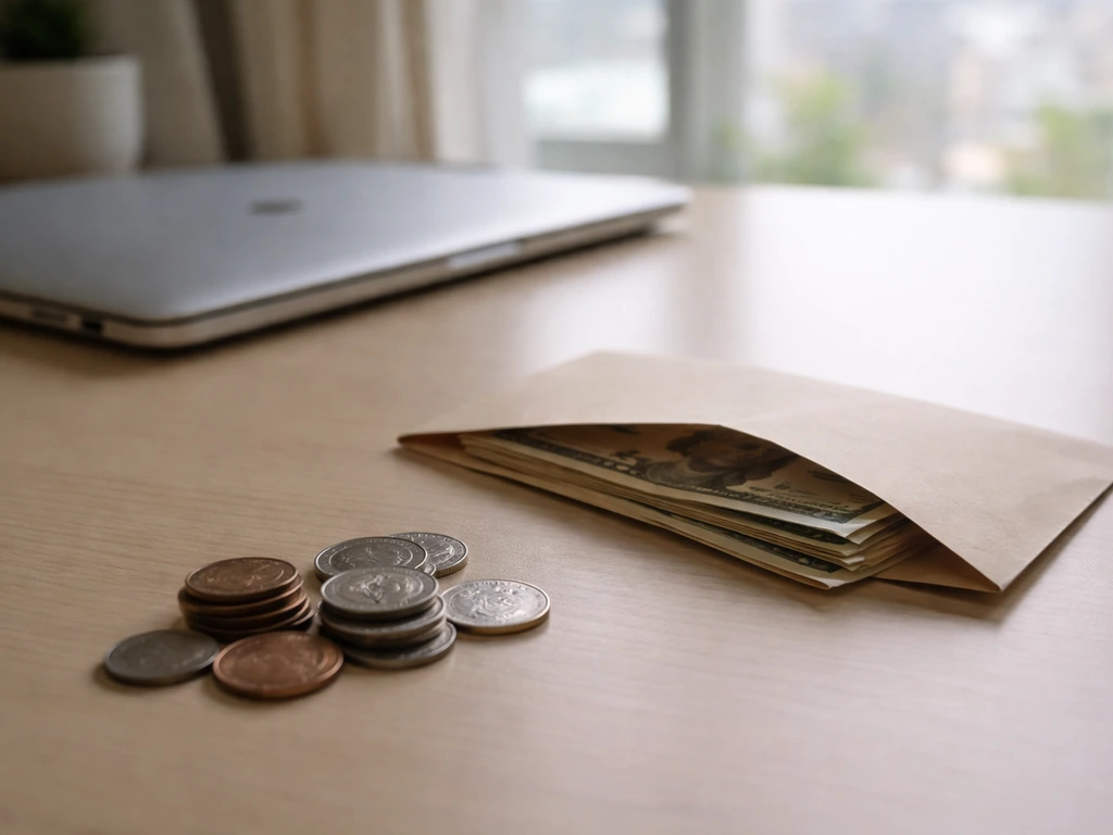 Close-up of a laptop beside a cash envelope and coin stack in a dim office, suggesting wealth estimate