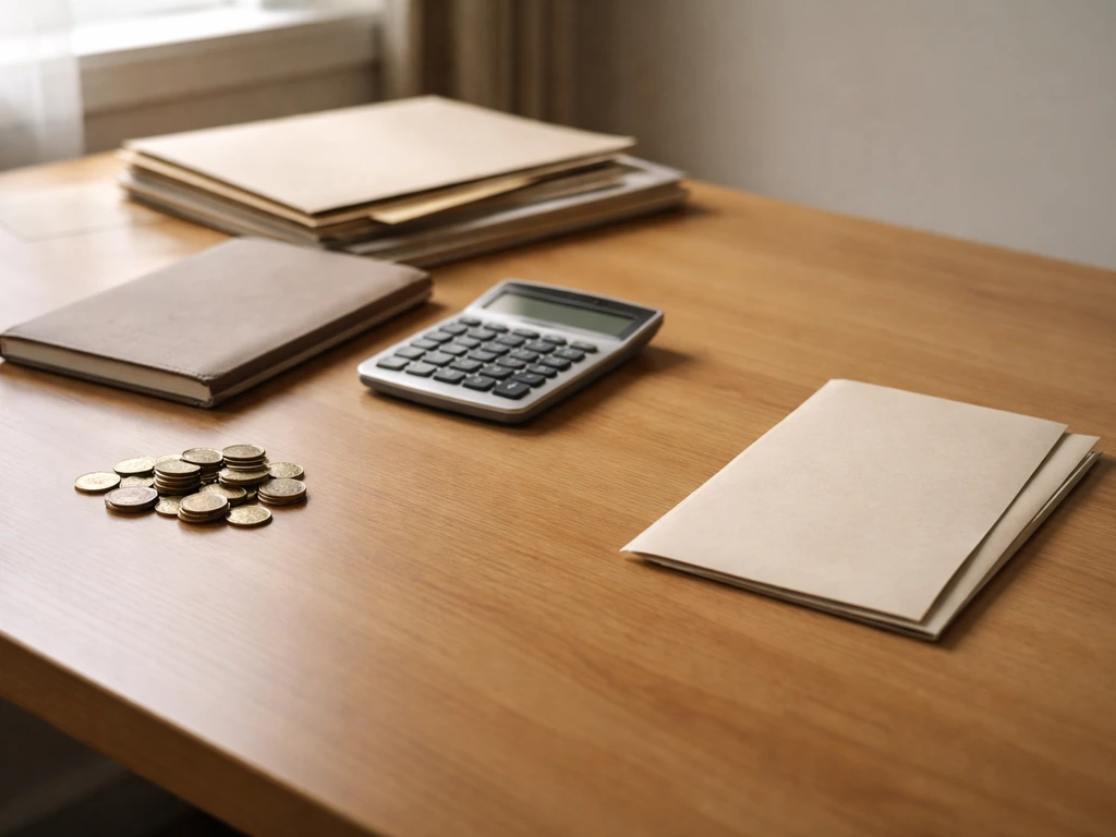 Minimal desk scene with a notebook, calculator, and scattered coins representing assets and liabilities