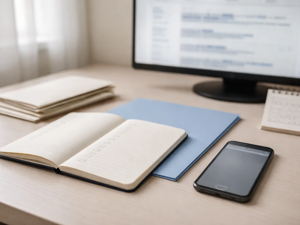 Anonymous desk with notebook, phone, and blurred computer search results for due-diligence verification