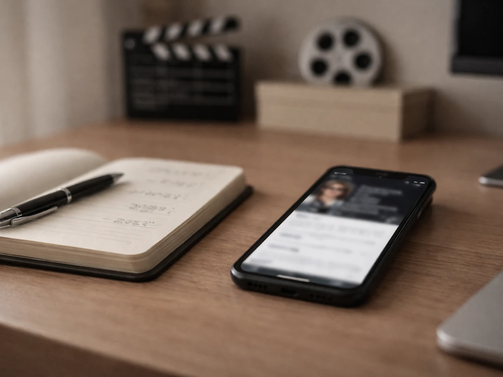 Close-up of a smartphone showing a blurred entertainment profile page beside a notebook with dates