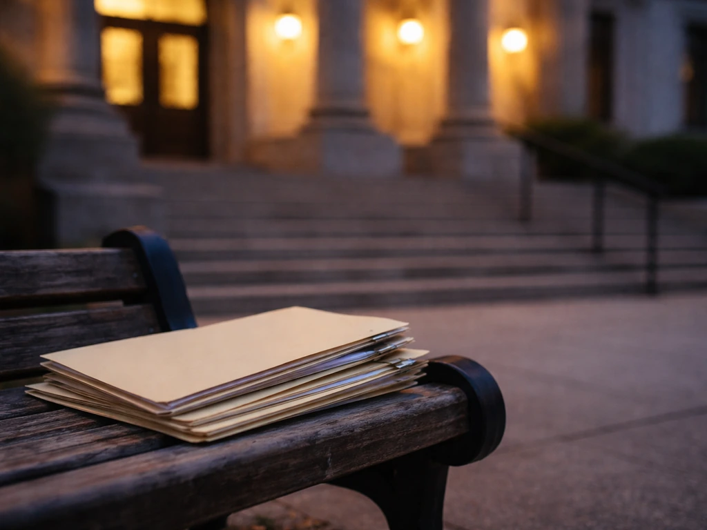 Courthouse exterior with unreadable filing folders on a bench, suggesting probate and court record sources.