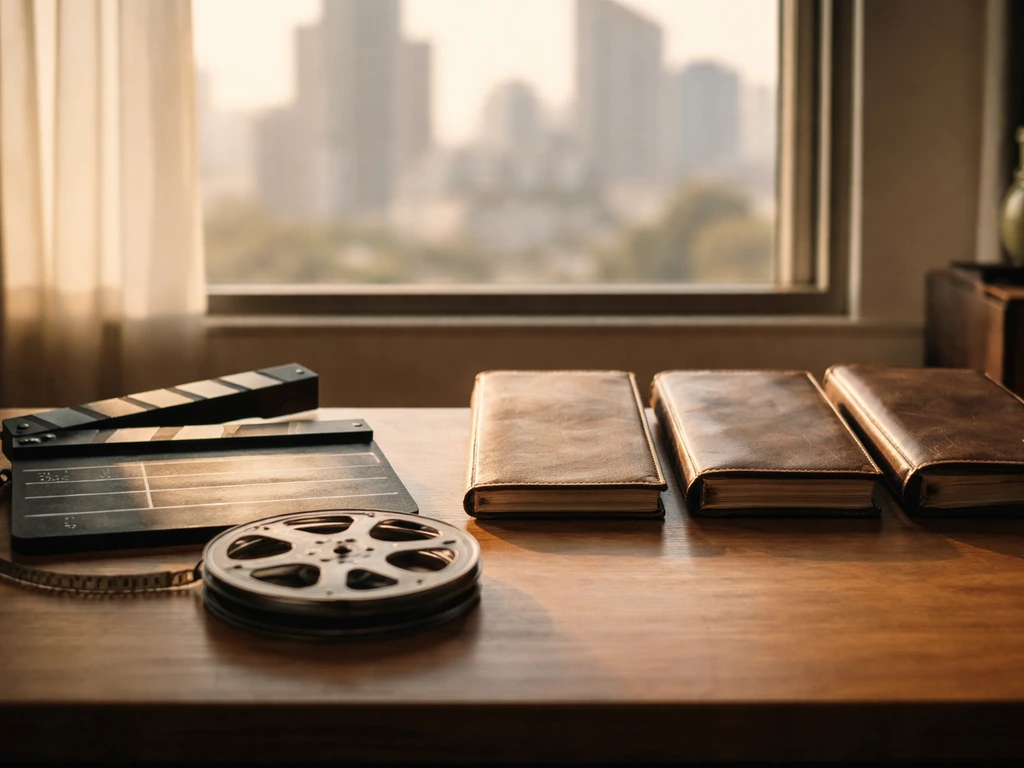 Clapperboard, film reel, and leather folders on a desk by a window, symbolizing a career income timeline.