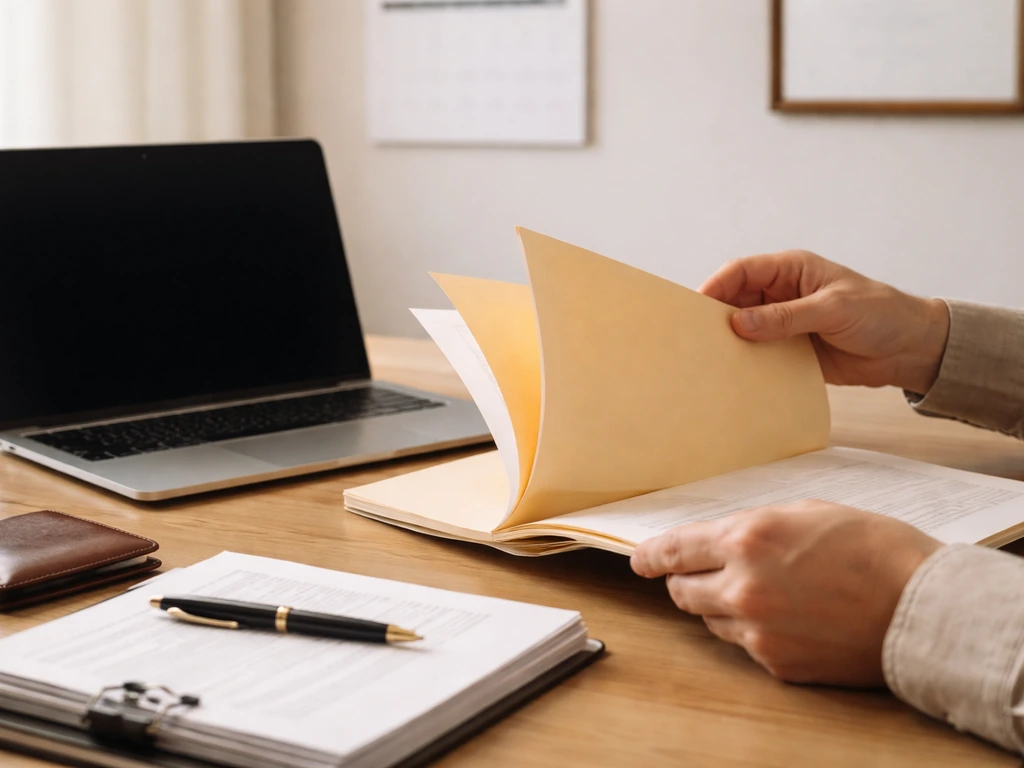 Minimal office scene with a laptop and open folder suggesting financial verification and records.