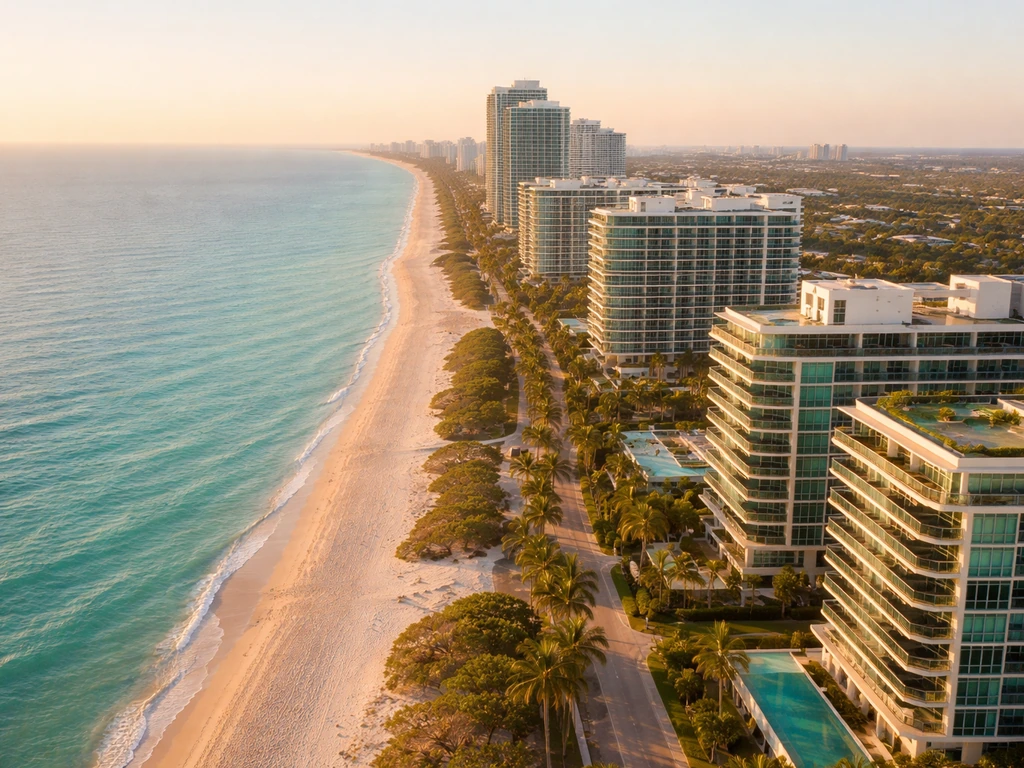 Aerial view of Miami Beach showing a luxurious waterfront neighborhood and coastline