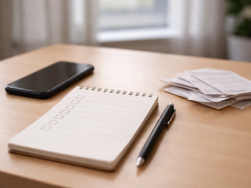 Minimal desk scene with notebook and smartphone showing a net worth credibility checklist workflow