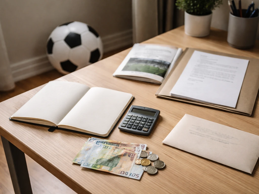 Close-up of a notebook, calculator, and scattered euros beside a soccer ball in a quiet office corner.