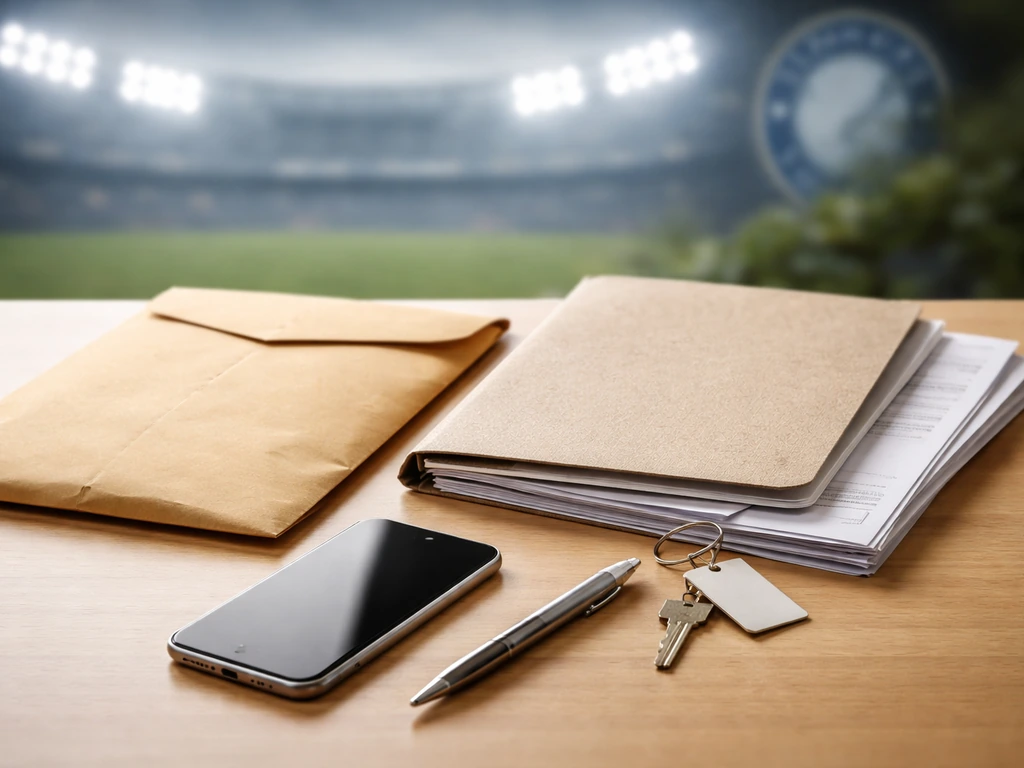 Minimal desk scene with envelope, contract-like papers, pen, and blurred football atmosphere for transfer-income context