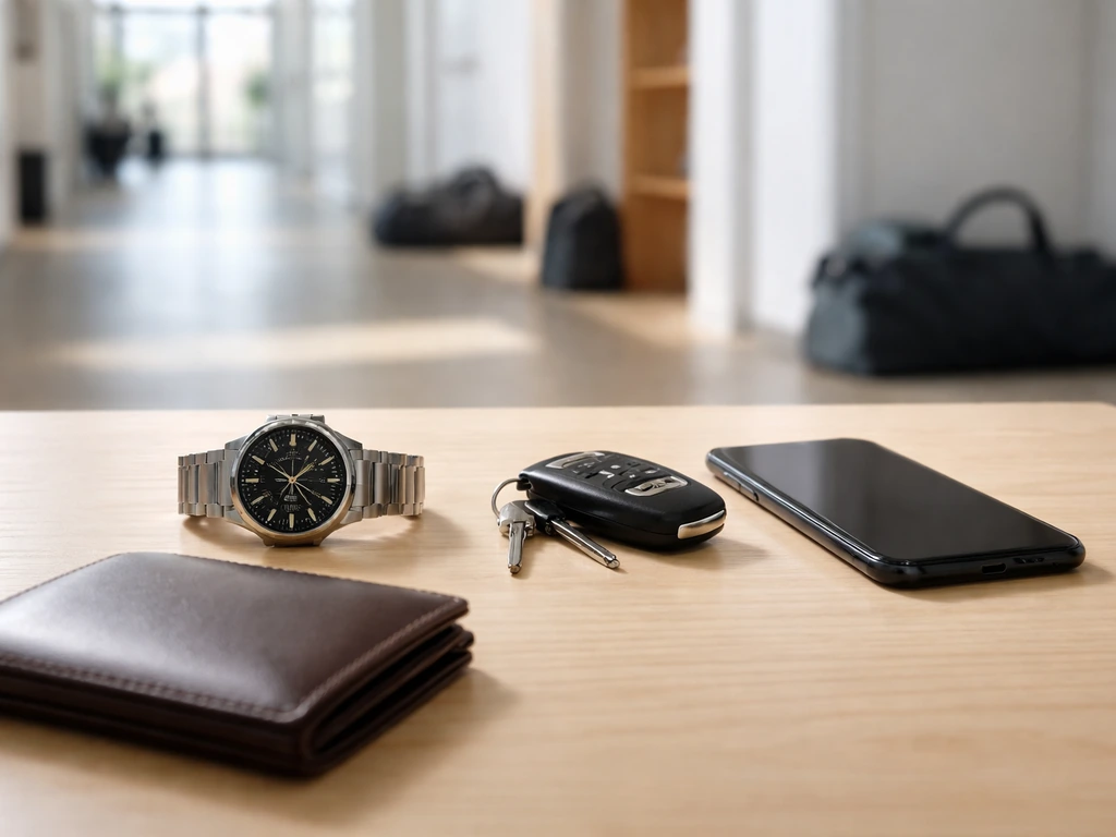 Minimal desk scene with a luxury watch, car keys, and wallet; blurred training facility background.