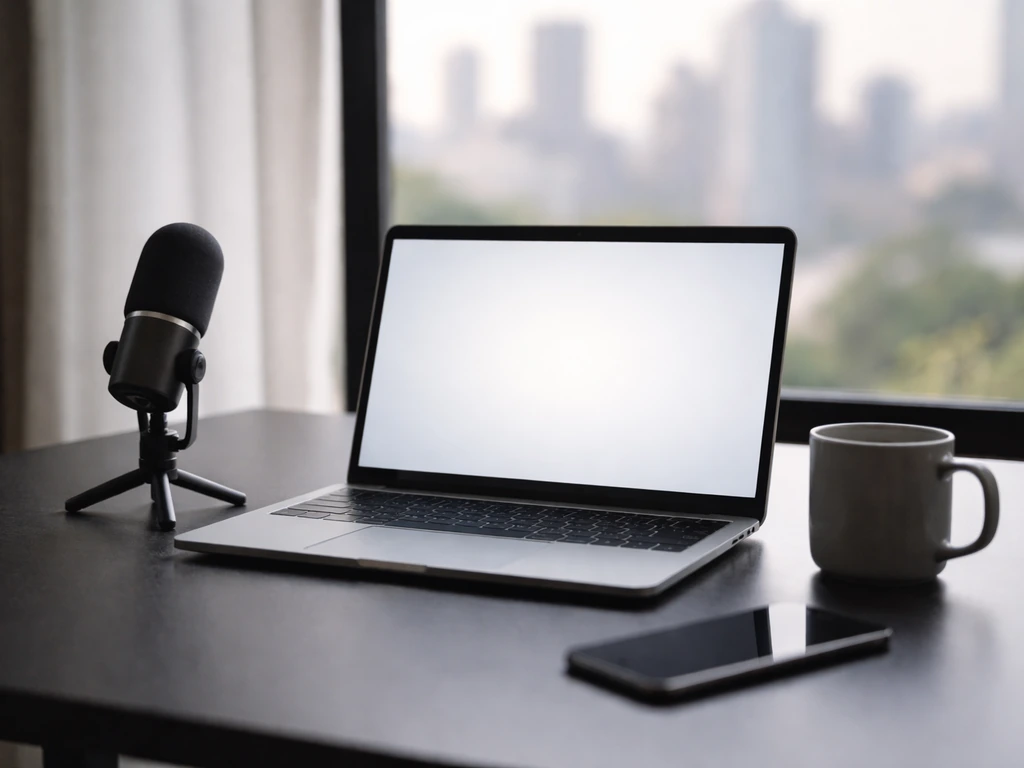 Minimal photo of a tech startup office desk with a laptop and microphone, suggesting business leadership and research