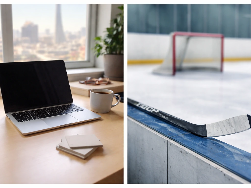Split image: tech office desk on one side and hockey rink gear on the other for disambiguation.