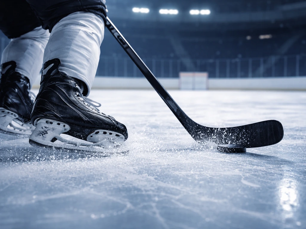 Hockey skates and stick on ice in an empty arena, motion-blur action scene with no identifiable players.