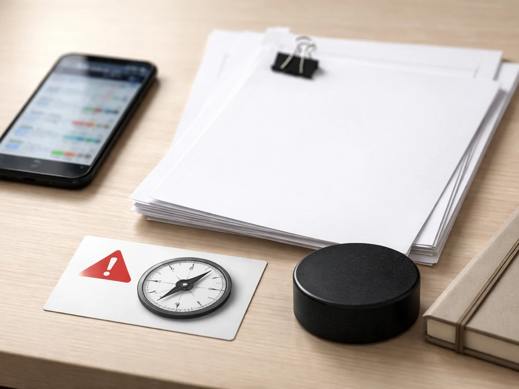 Minimal office desk scene with blank documents, a hockey puck, and warning cue card for verifying sources