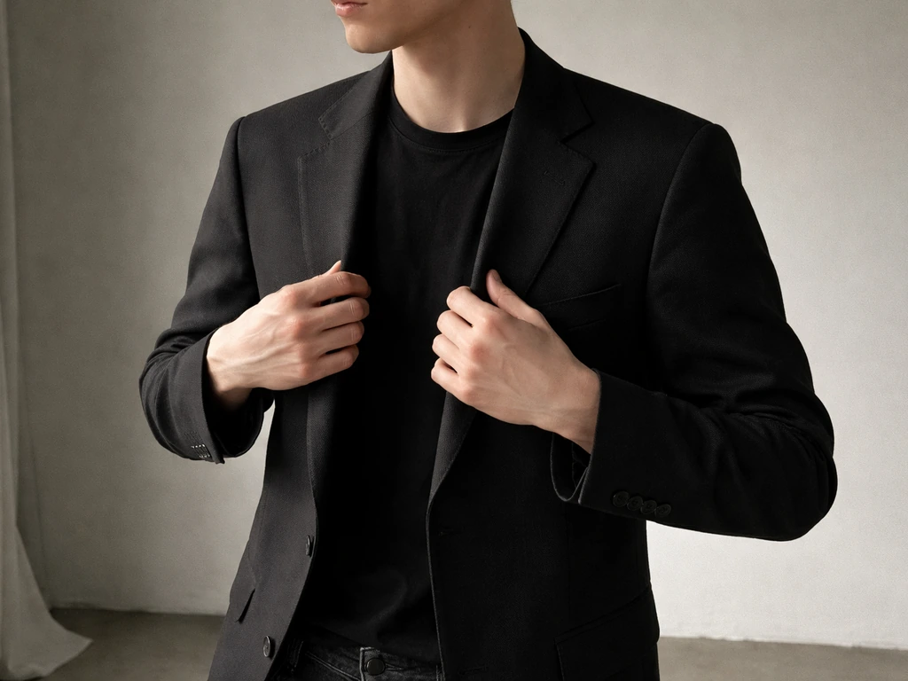 Anonymous actor/model adjusting a jacket in a simple studio, helping anchor identity for disambiguation