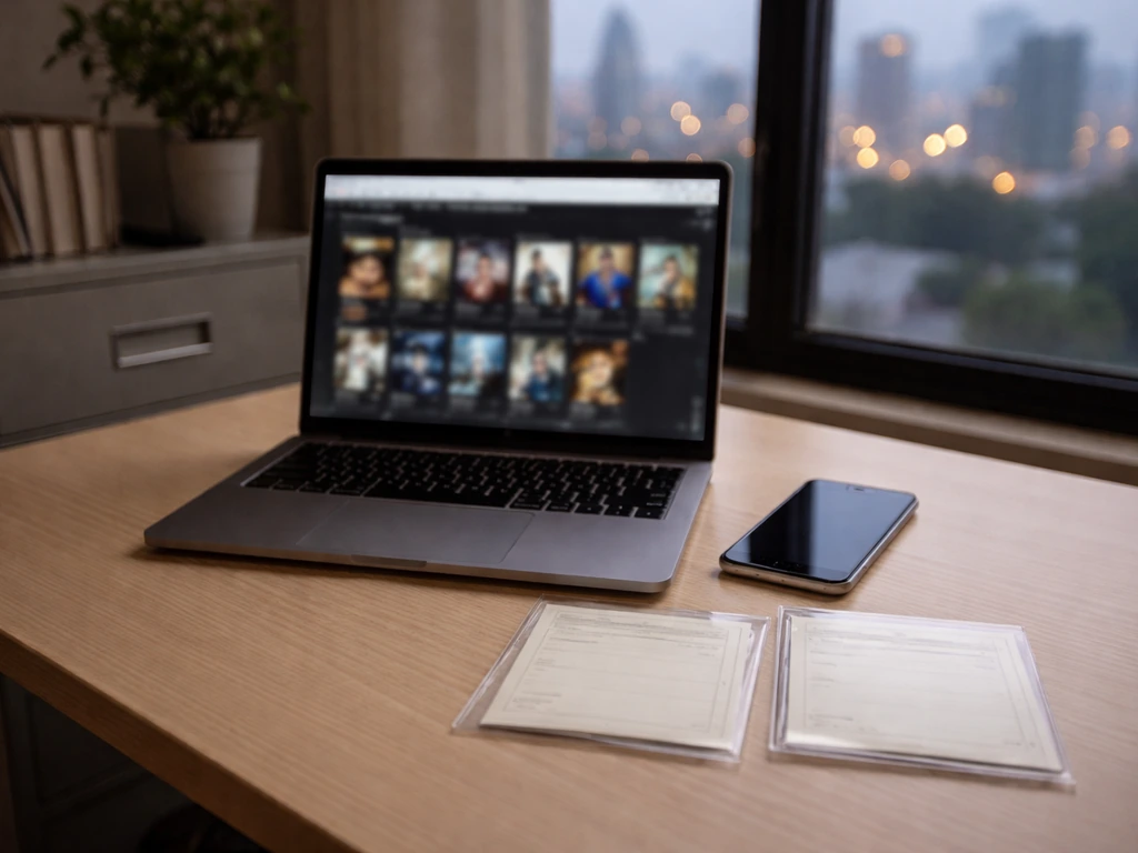 Minimal home office desk with blank record cards and a blurred laptop, symbolizing checking public media credits.
