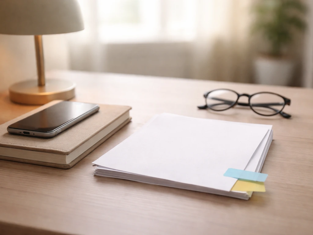 Minimal desk scene with notebook, blank papers, phone, and glasses suggesting careful fact-checking.