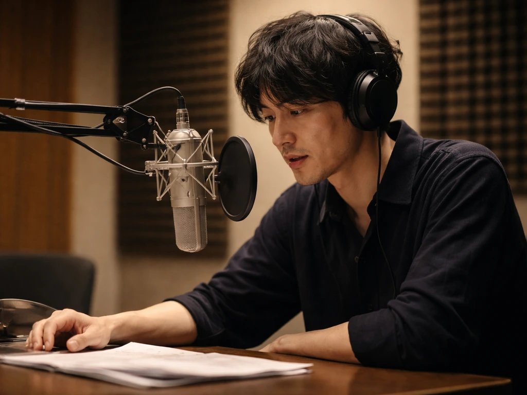 Japanese actor/voice actor-themed studio portrait with microphone and soft bokeh background