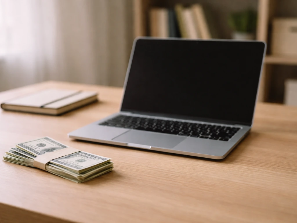 Minimal office scene with a laptop, scattered cash, and a blurred finance ledger background