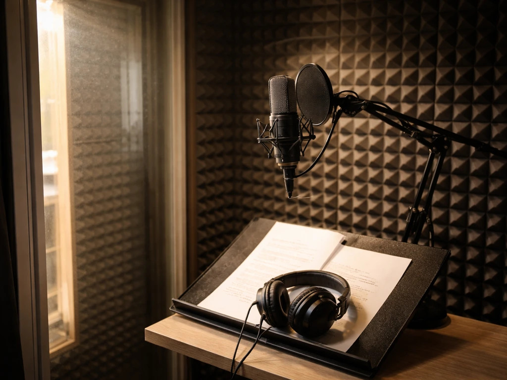 Minimal voice-recording booth with microphone, headphones, and acoustic foam, no people present.